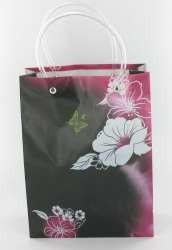 中号花卉印花手提袋 黑色/粉色/白色花朵 包装袋 (12个装)